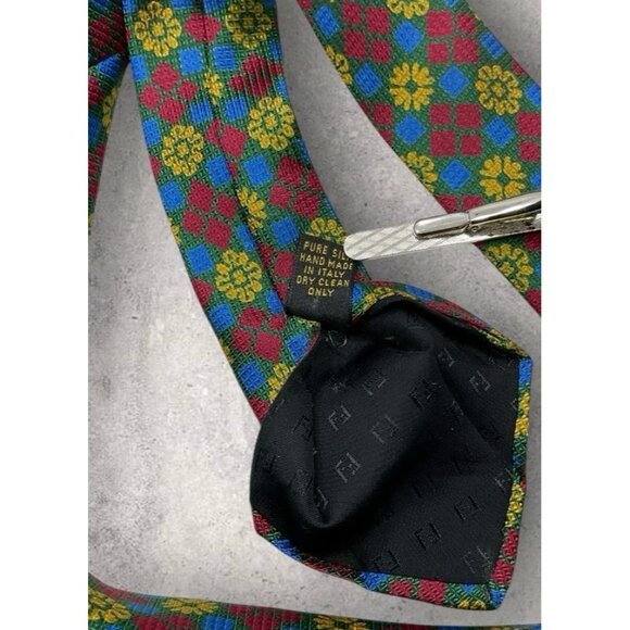 FENDI Silk Tie ITALY Green Red Yellow Geometric Floral W:3.7" EUC - Picture 5 of 7
